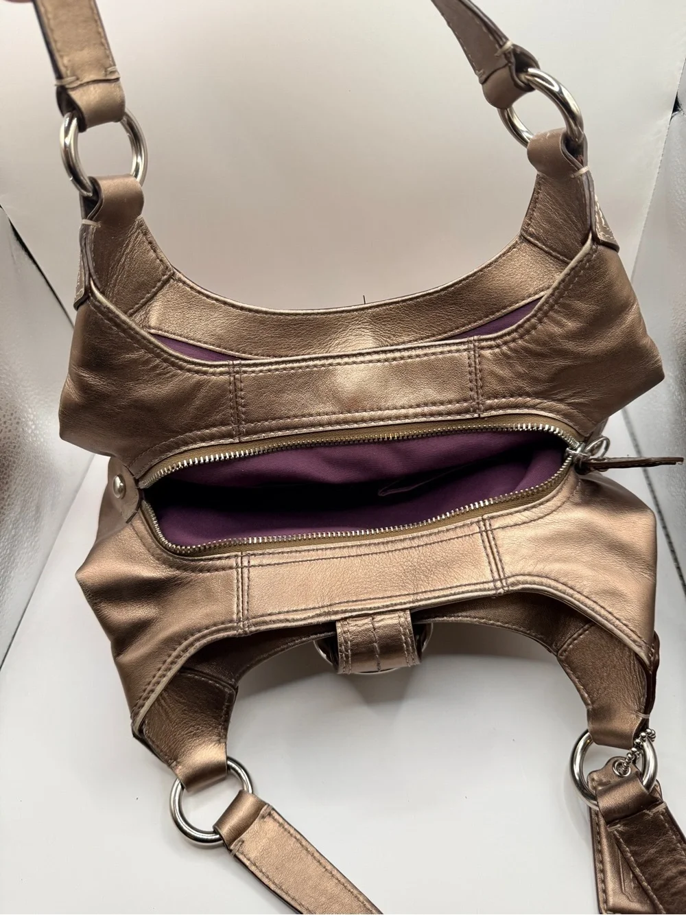 Coach Metallic Bronze Leather Shoulder Bag with Buckle Detail